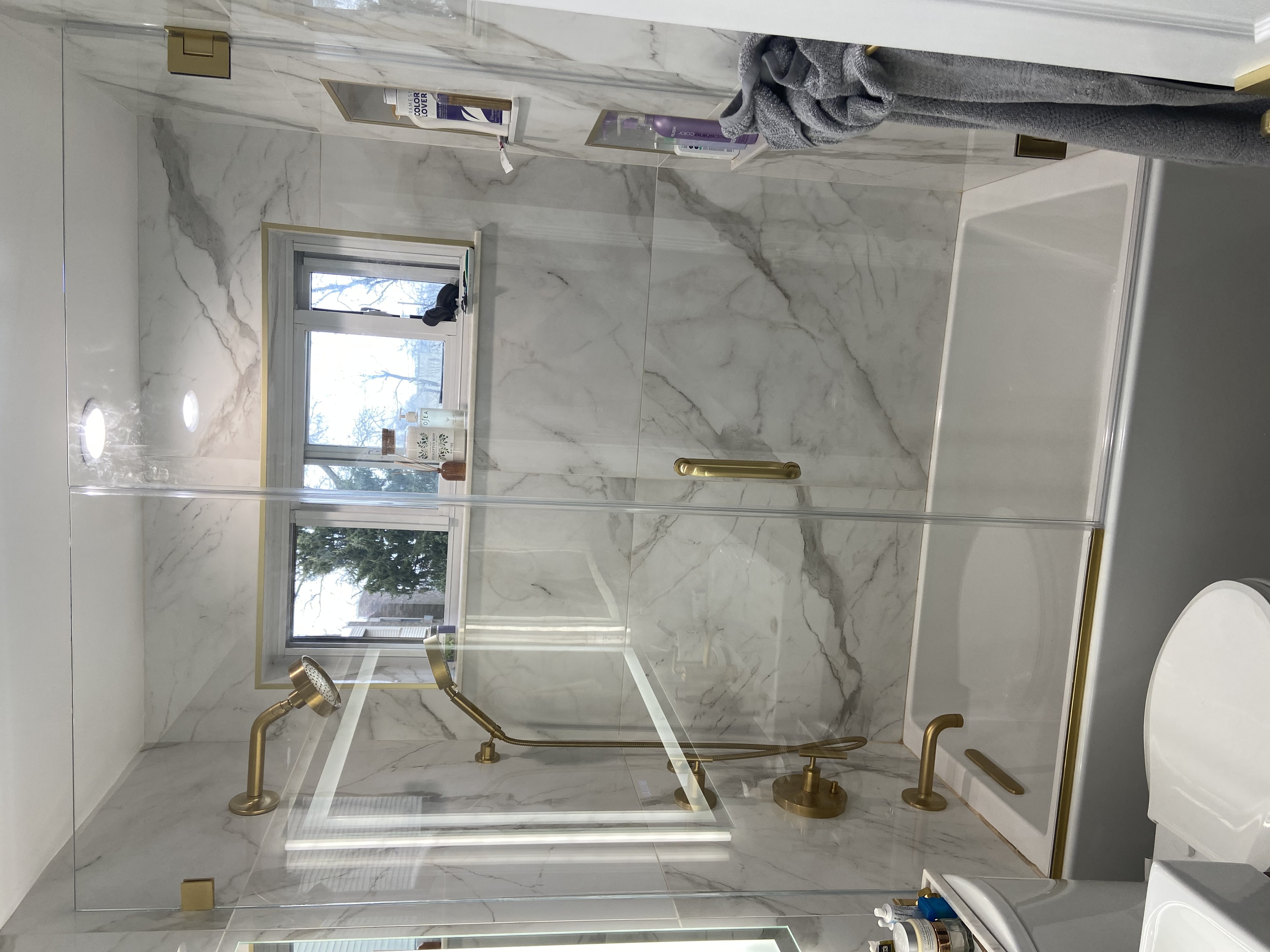 Gold Hinges and Fixtures for Custom Glass Door Installation in Bathroom Remodel in Wood-Ridge, NJ